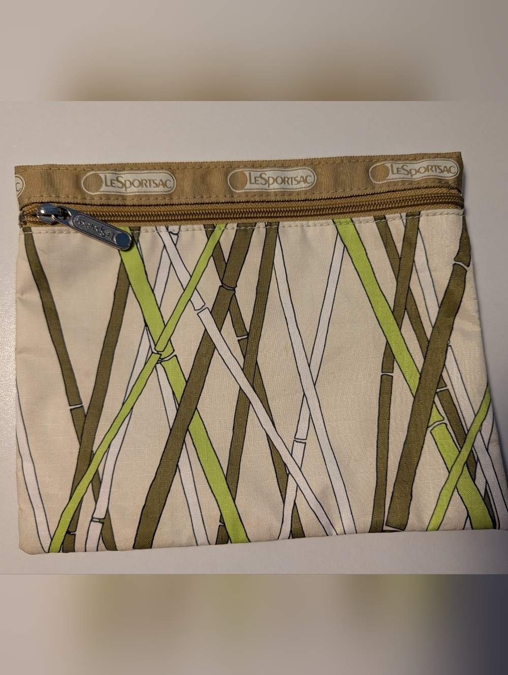 LeSportsac Bamboo Print Small Cosmetic Pouch | Neutral Tan & Lime Green Ripstop